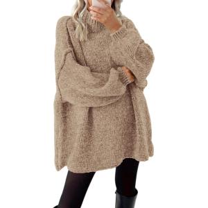 BTFBM Sweaters for Women Fall 2026 Long Sleeve Mock Neck Cable Knit Oversized Sweater Pullover Tops Thick Winter Clothes(Khaki)
