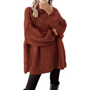BTFBM Sweaters for Women Fall 2026 Long Sleeve Mock Neck Cable Knit Oversized Sweater Pullover Tops Thick Winter Clothes(Rust Red)