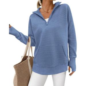 BTFBM Sweaters for Women Fall Clothes 2025 Pocket Quarter Zip Pullover V Neck Long Sleeve Knit Trendy Winter Sweater(Blue)