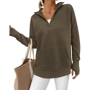 BTFBM Sweaters for Women Fall Clothes 2025 Pocket Quarter Zip Pullover V Neck Long Sleeve Knit Trendy Winter Sweater(Dark Army Green)