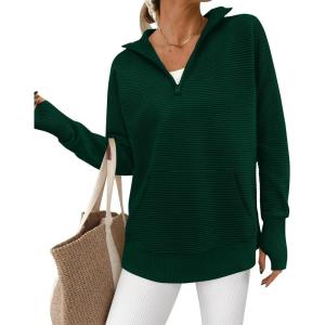 BTFBM Sweaters for Women Fall Clothes 2025 Pocket Quarter Zip Pullover V Neck Long Sleeve Knit Trendy Winter Sweater(Dark Green)