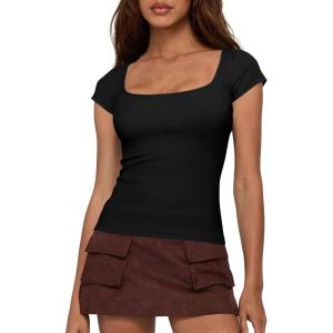 BTFBM T Shirts for Women Square Neck Tops 2026 Spring Trendy Fashion Going Out Workout Y2k Clothes Summer Outfits(Black)