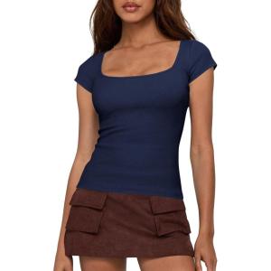 BTFBM T Shirts for Women Square Neck Tops 2026 Spring Trendy Fashion Going Out Workout Y2k Clothes Summer Outfits(Navy Blue)