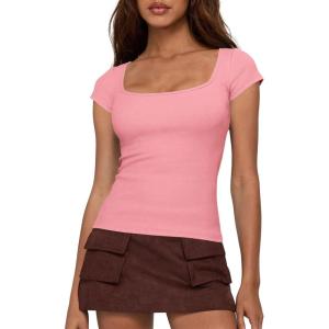 BTFBM T Shirts for Women Square Neck Tops 2026 Spring Trendy Fashion Going Out Workout Y2k Clothes Summer Outfits(Pink)