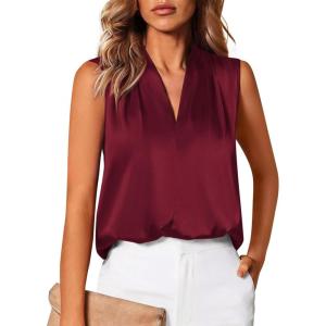BTFBM Tank Top for Women 2026 Summer Satin V Neck Pleated Sleeveless Blouses Dressy Casual Work Business Casual Outfits(Burgundy)