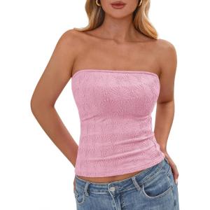 BTFBM Tube Tops for Women Spring Summer 2026 Backless Fitted Floral Embroidery Going Out Bandeau Top Beach Vacation(Pink)
