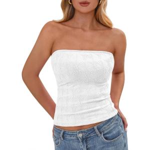 BTFBM Tube Tops for Women Spring Summer 2026 Backless Fitted Floral Embroidery Going Out Bandeau Top Beach Vacation(White)