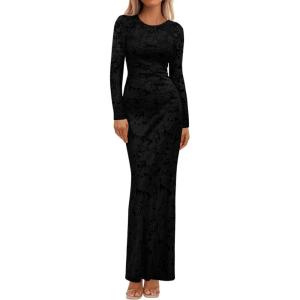 BTFBM Wedding Guest Dresses for Women 2025 Fall Elegant Floral Lace Ruched Long Sleeve Bodycon Cocktail Party Maxi Dress(Black)