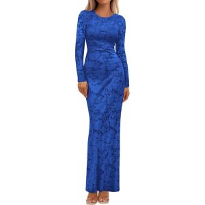 BTFBM Wedding Guest Dresses for Women 2025 Fall Elegant Floral Lace Ruched Long Sleeve Bodycon Cocktail Party Maxi Dress(Blue)