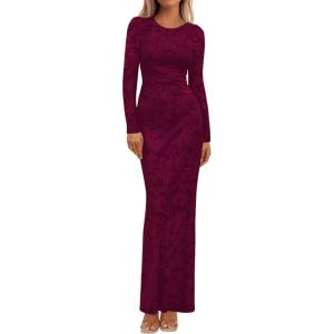BTFBM Wedding Guest Dresses for Women 2025 Fall Elegant Floral Lace Ruched Long Sleeve Bodycon Cocktail Party Maxi Dress(Burgundy)