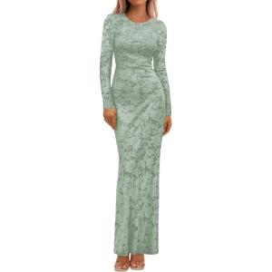 BTFBM Wedding Guest Dresses for Women 2025 Fall Elegant Floral Lace Ruched Long Sleeve Bodycon Cocktail Party Maxi Dress(Light Green)