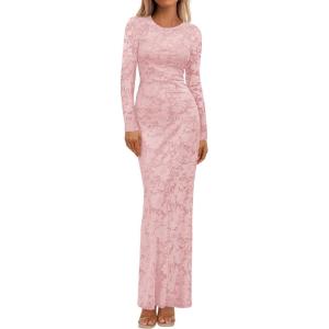 BTFBM Wedding Guest Dresses for Women 2025 Fall Elegant Floral Lace Ruched Long Sleeve Bodycon Cocktail Party Maxi Dress(Pink)