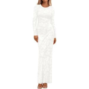 BTFBM Wedding Guest Dresses for Women 2025 Fall Elegant Floral Lace Ruched Long Sleeve Bodycon Cocktail Party Maxi Dress(White)