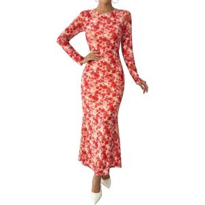 BTFBM Wedding Guest Dresses for Women Fall Fashion 2025 Bodycon Long Sleeve Boho Mesh Party Cocktail Floral Maxi Dress(Apricot Red Flower)