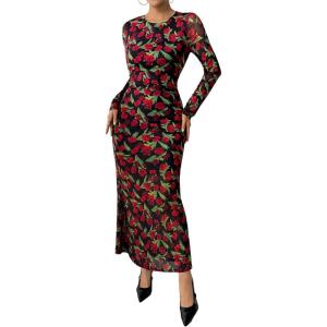 BTFBM Wedding Guest Dresses for Women Fall Fashion 2025 Bodycon Long Sleeve Boho Mesh Party Cocktail Floral Maxi Dress(Black Red Flower)