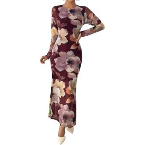 BTFBM Wedding Guest Dresses for Women Fall Fashion 2025 Bodycon Long Sleeve Boho Mesh Party Cocktail Floral Maxi Dress(Burgundy)