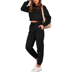 BTFBM Women 2 Piece Outfits Long Sleeve Crop Top Pullover Drawstring Pant Jogger Set Casual Sweatsuits Tracksuit Pockets(Black)