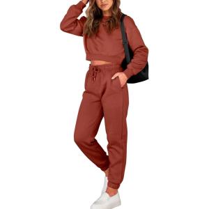 BTFBM Women 2 Piece Outfits Long Sleeve Crop Top Pullover Drawstring Pant Jogger Set Casual Sweatsuits Tracksuit Pockets(Brick Red)