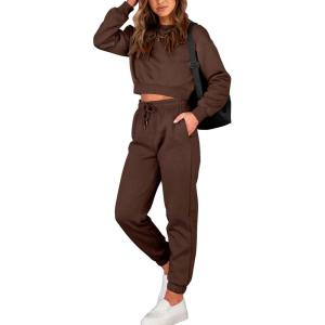 BTFBM Women 2 Piece Outfits Long Sleeve Crop Top Pullover Drawstring Pant Jogger Set Casual Sweatsuits Tracksuit Pockets(Coffee)