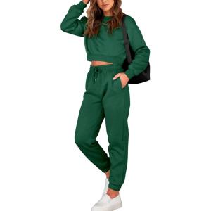 BTFBM Women 2 Piece Outfits Long Sleeve Crop Top Pullover Drawstring Pant Jogger Set Casual Sweatsuits Tracksuit Pockets(Dark Green)