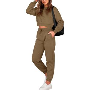 BTFBM Women 2 Piece Outfits Long Sleeve Crop Top Pullover Drawstring Pant Jogger Set Casual Sweatsuits Tracksuit Pockets(Dark Khaki)