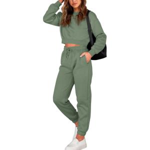 BTFBM Women 2 Piece Outfits Long Sleeve Crop Top Pullover Drawstring Pant Jogger Set Casual Sweatsuits Tracksuit Pockets(Green)
