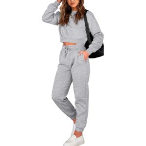 BTFBM Women 2 Piece Outfits Long Sleeve Crop Top Pullover Drawstring Pant Jogger Set Casual Sweatsuits Tracksuit Pockets(Grey)