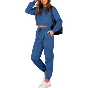 BTFBM Women 2 Piece Outfits Long Sleeve Crop Top Pullover Drawstring Pant Jogger Set Casual Sweatsuits Tracksuit Pockets(Lake Blue)
