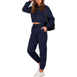 BTFBM Women 2 Piece Outfits Long Sleeve Crop Top Pullover Drawstring Pant Jogger Set Casual Sweatsuits Tracksuit Pockets(Navy)