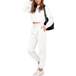 BTFBM Women 2 Piece Outfits Long Sleeve Crop Top Pullover Drawstring Pant Jogger Set Casual Sweatsuits Tracksuit Pockets(White)