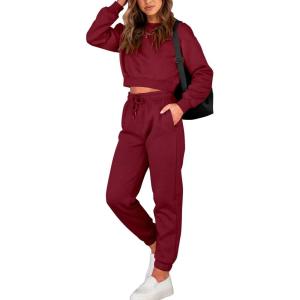 BTFBM Women 2 Piece Outfits Long Sleeve Crop Top Pullover Drawstring Pant Jogger Set Casual Sweatsuits Tracksuit Pockets(Wine Red)