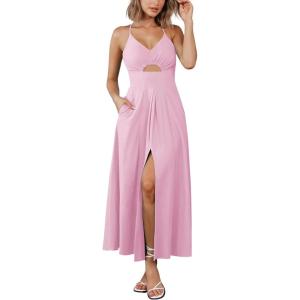 BTFBM Women 2026 Spaghetti Strap Midi Summer Dresses Sleeveless V Neck Cutout Slit Casual Beach Party Maxi Dress Pockets(Pink)