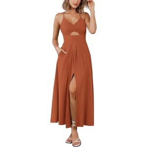 BTFBM Women 2026 Spaghetti Strap Midi Summer Dresses Sleeveless V Neck Cutout Slit Casual Beach Party Maxi Dress Pockets(Rust Red)