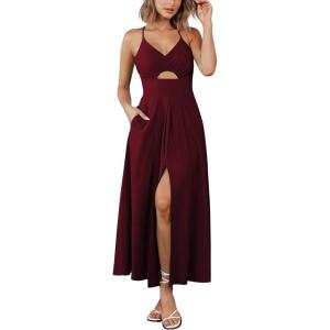 BTFBM Women 2026 Spaghetti Strap Midi Summer Dresses Sleeveless V Neck Cutout Slit Casual Beach Party Maxi Dress Pockets(Wine Red)