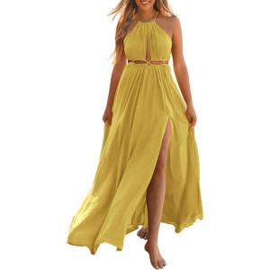 BTFBM Women Halter Summer Dresses 2026 Sleeveless Cutout Backless Sundress Slit Boho Maxi Beach Wedding Guest Dress(Yellow)