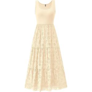 BTFBM Women Summer Eyelet Midi Dresses Casual Spring 2026 Sleeveless A Line Flowy Vacation Beach Wedding Guest Sun Dress(Apricot)