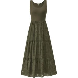 BTFBM Women Summer Eyelet Midi Dresses Casual Spring 2026 Sleeveless A Line Flowy Vacation Beach Wedding Guest Sun Dress(Army Green)