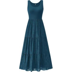 BTFBM Women Summer Eyelet Midi Dresses Casual Spring 2026 Sleeveless A Line Flowy Vacation Beach Wedding Guest Sun Dress(Dark Lake Blue)