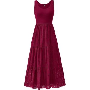 BTFBM Women Summer Eyelet Midi Dresses Casual Spring 2026 Sleeveless A Line Flowy Vacation Beach Wedding Guest Sun Dress(Dark Red)