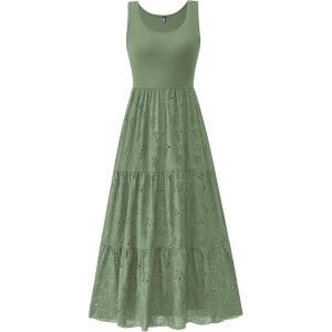 BTFBM Women Summer Eyelet Midi Dresses Casual Spring 2026 Sleeveless A Line Flowy Vacation Beach Wedding Guest Sun Dress(Green)
