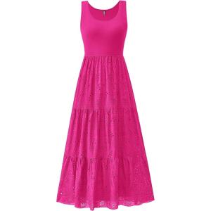 BTFBM Women Summer Eyelet Midi Dresses Casual Spring 2026 Sleeveless A Line Flowy Vacation Beach Wedding Guest Sun Dress(Hot Pink)