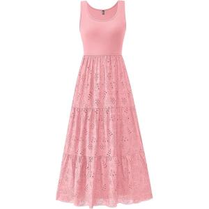BTFBM Women Summer Eyelet Midi Dresses Casual Spring 2026 Sleeveless A Line Flowy Vacation Beach Wedding Guest Sun Dress(Pink)