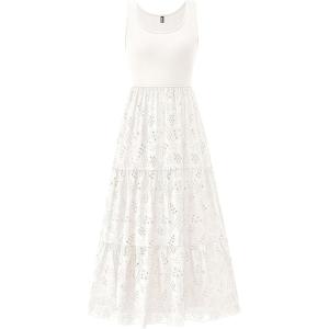 BTFBM Women Summer Eyelet Midi Dresses Casual Spring 2026 Sleeveless A Line Flowy Vacation Beach Wedding Guest Sun Dress(White)