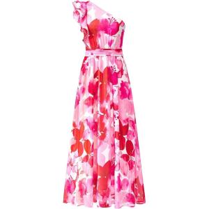 BTFBM Women Summer One Shoulder Floral Wedding Guest Dresses Sleeveless Smocked Ruffle Flowy Beach Vacation Maxi Dress(Big Floral Red White)