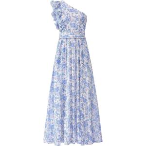 BTFBM Women Summer One Shoulder Floral Wedding Guest Dresses Sleeveless Smocked Ruffle Flowy Beach Vacation Maxi Dress(Floral Blue)