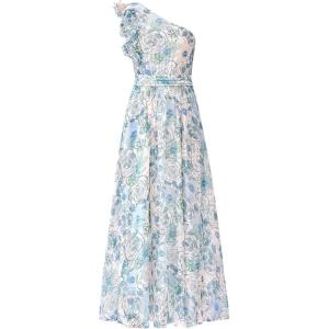 BTFBM Women Summer One Shoulder Floral Wedding Guest Dresses Sleeveless Smocked Ruffle Flowy Beach Vacation Maxi Dress(Floral Light Blue)