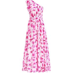 BTFBM Women Summer One Shoulder Floral Wedding Guest Dresses Sleeveless Smocked Ruffle Flowy Beach Vacation Maxi Dress(Floral Pink White)