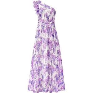 BTFBM Women Summer One Shoulder Floral Wedding Guest Dresses Sleeveless Smocked Ruffle Flowy Beach Vacation Maxi Dress(Floral Purple)