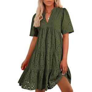 BTFBM Womens Boho Summer Dresses 2026 Spring V Neck Short Sleeve Hollow Out Lace Ruffle Casual Beach Mini Vacation Dress(Army Green)