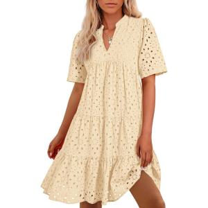 BTFBM Womens Boho Summer Dresses 2026 Spring V Neck Short Sleeve Hollow Out Lace Ruffle Casual Beach Mini Vacation Dress(Beige)